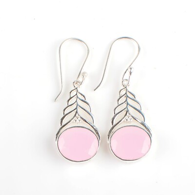 Natural Rose Chalcedony Gemstone 925 Silver Drop/Dangle Earrings For Girls