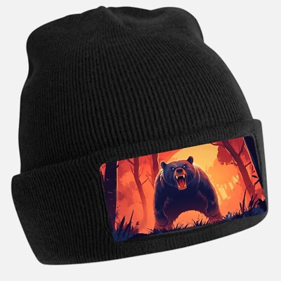 Angry Black Bear Print Unisex Cotton Black Beanie Hat