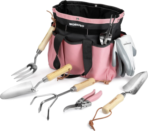 New 8-Piece Pink Garden Tool Set, Stainless Steel, Wood Handle, Organizer Holder