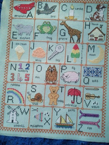 Sweet Vintage Hand Embroidered Alphabet Sampler-Animals/Bugs+ Completed Panel - Picture 1 of 8