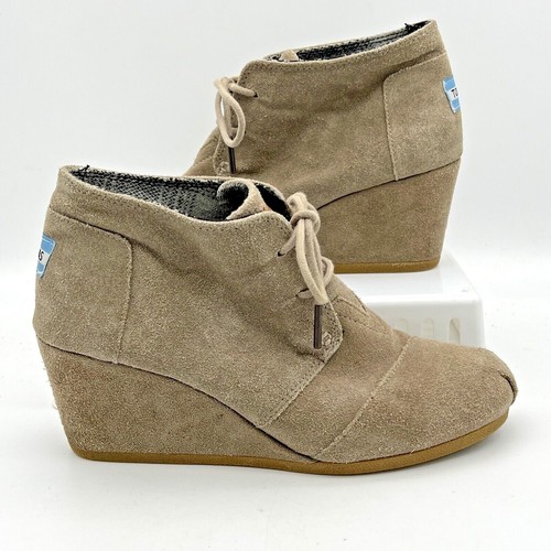 Toms Ankle Boots Womens 8 Khaki Tan Suede Wedge Heel Lace Up 300512 - Afbeelding 1 van 11