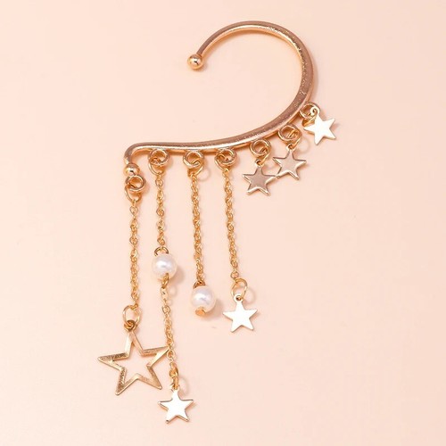 Gold Ear Cuff Star Charm Pearl Beaded Ear Wrap Large Ear Cuff Hook on x1 Earring - Picture 2 of 2