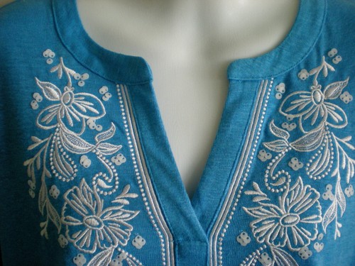 Chicos 1 Embroidered Linen Tunic Poolside Blue White Embroidery 3/4 Sleeve NEW - Picture 3 of 9