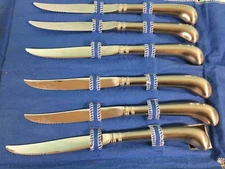 6 Oneida Stainless Pistol Handle Steak Knives Serrated Vintage in Packaging