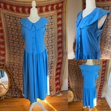 Vintage 80s Blue Peter Pan Collar Shirtdress Flounce Drop Waist Button Dress 14