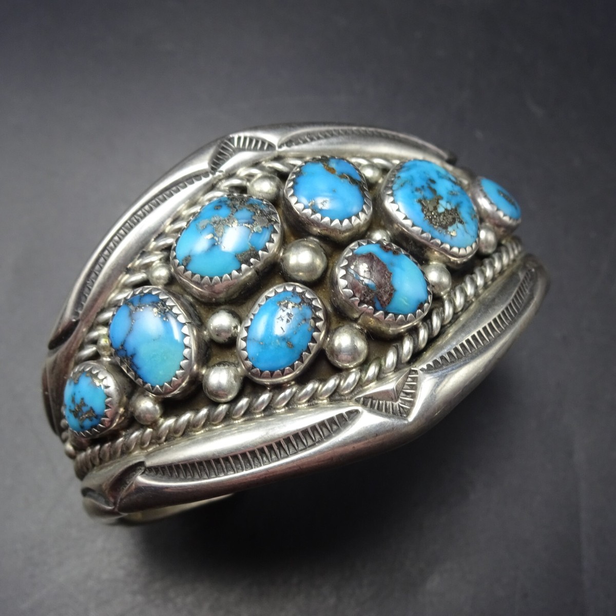 Orville Tsinnie NAVAJO Sterling Silver BLUE MORENCI TURQUOISE Cuff