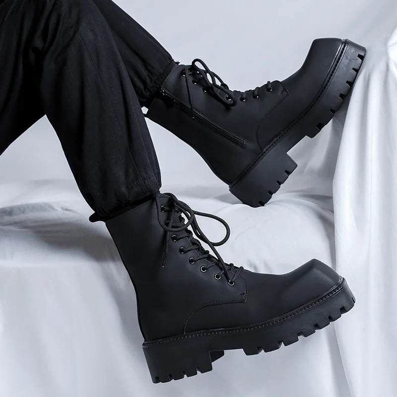 Men Leather Boots Square Toe Stage Nightclub Platform High Motorcycle Shoes Soft image 5