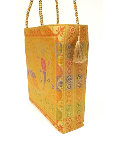 Mustard Handbag Indian Ethnic Peacock Woven Zari Brocade Fabric Shoulder Bag - Picture 2 of 7