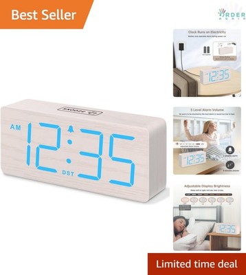 Wooden Digital Alarm Clock Large Numbers Loud Brightness Dimmer Snooze