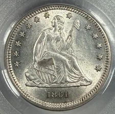 1861 25C AU58 CAC - Seated Liberty Quarter PCGS and CAC - Beautiful Coin Luster+