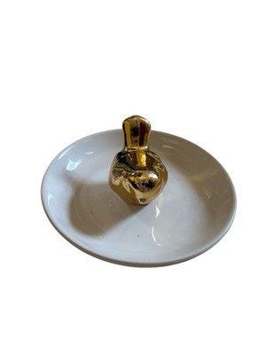 Gold Tone White Ceramic Bird Ring Jewelry Trinket Dish