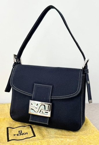 FENDI Mamma Baguette Canvas Navy Shoulder Bag Dust Bag Y2K Vintage Auth