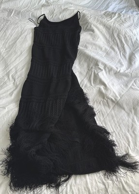 Torn by Ronny Kobo Yuna BLACK Knit Fringe Asymmetric w/Slit Midi Dress  Large