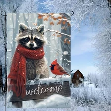 Winter Garden Flag with Raccoon and Cardinal Snowy Woodland Welcome Yard Decor f