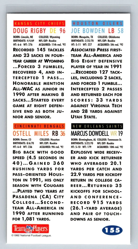 Joe Bowden / Doug Rigby / Marcus Dowdell / Ostell Miles 1992 GameDay #155 - Image 2 of 2