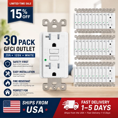 20Amp GFCI Outlets Tamper Weather Resistant WR TR Receptacles w/Plate 30 Packs
