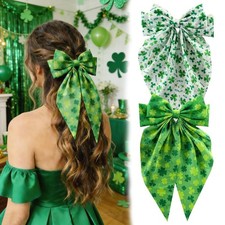 10Pcs St. Patrick's Day Shamrock Hair Clips Green Bow Long Tail Hair Accessories