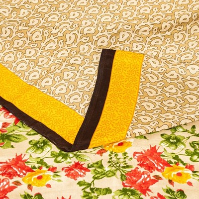 Sanskriti Vintage Sarees Indian Pale-Cream Floral Printed Moss Crepe 5+Yd Sari