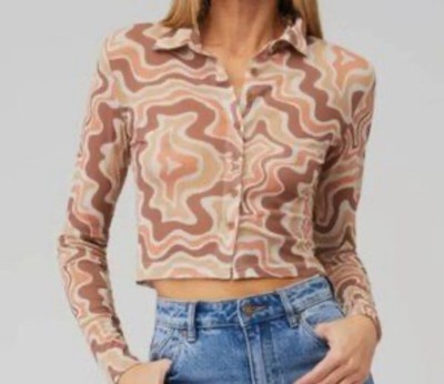 The Kript Women LG Neutral Swoosh Mesh Sheer Y2K Retro 70s Groovy Cropped Shirt