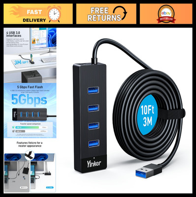 4-Port USB 3.0 Hub with 10FT Long Cable, Data Extension Dock for PC & Mac, 5Gbps