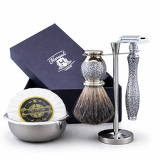 Haryali 5PCS Classic Wet Shaving Kit with Black Badger Brush DE Safety Razor