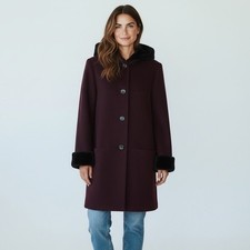 VTG Albert NIPON STUDIO Burgundy Wool Hooded Coat Velvet Fur Trim USA Made Sz 14