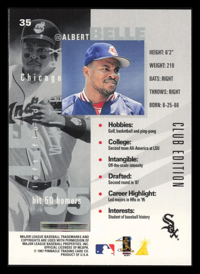 Albert Belle Club Edition 1997 Pinnacle Inside #35 Indians White Sox - Image 2 of 2