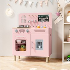 Toddler Kitchen Playset, Wooden Kids Play Kitchen Set with Real Lights Sounds