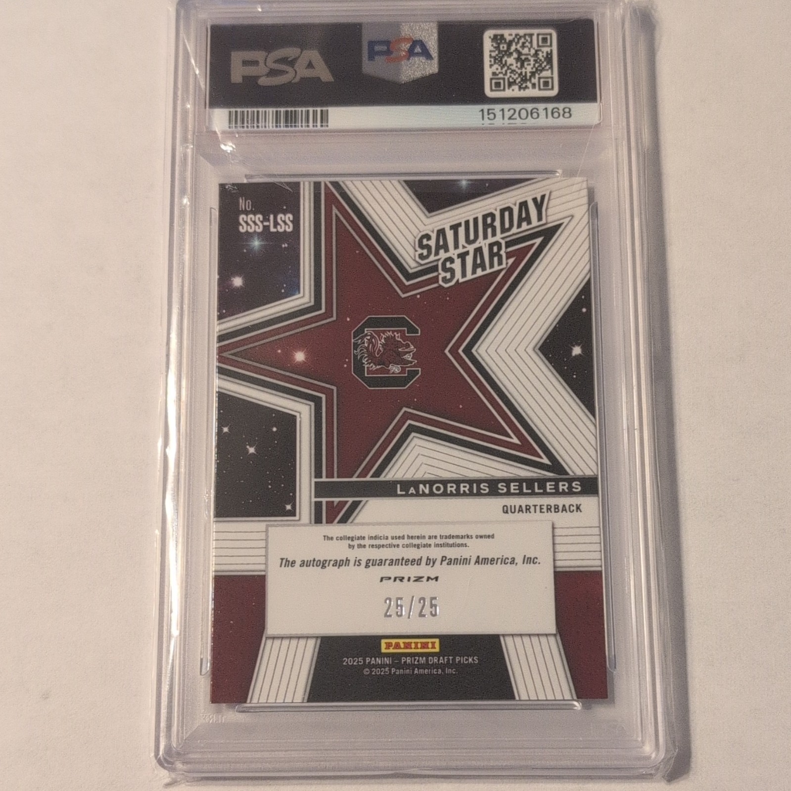 2025 Panini Prizm Draft Picks LaNorris Sellers /25 Auto PSA 10 *Bookend* view 2