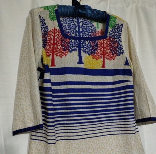AURELIA Cool & Light Cotton Kurta ~ Large ~ Blue, Red, Green, Yellow Trees EUC  - Picture 2 of 14