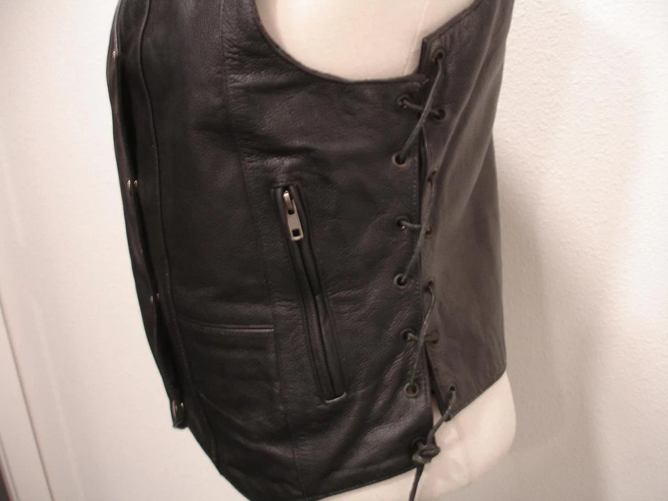 Women's sz L Element Black Leather Motorcycle Riding Vest Jacket Snap Moto Biker - Image 2 of 4