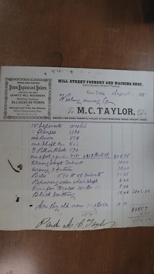 1879 Grass Valley CA Taylor Mill Street Foundry Machine Shop Quartz Mil Billhead