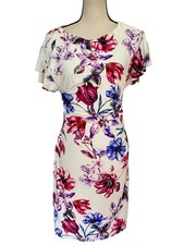 Ralph Lauren Fitted Dress White Multicolored Floral Design Stretchy Ruched Sz 4
