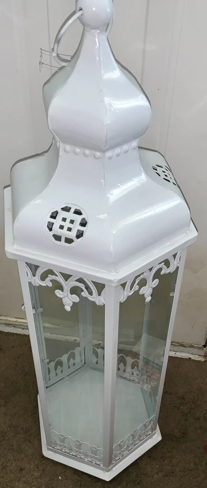 White 31"x 10" Candle Holder Lantern Lamp Metal Glass Terrace Outdoor New - Image 3 of 4