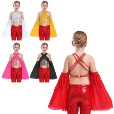 Kids Girls Pullover Solo Blouse Theme Shirt Tassel Crop Top Sequin Tops Stage