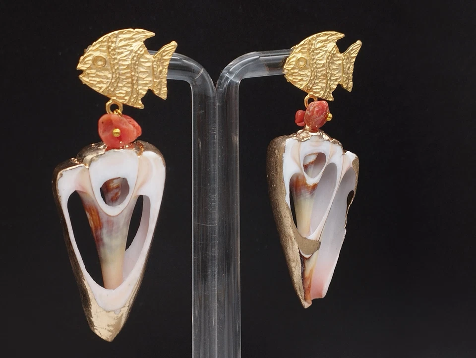 Pendientes Mujer Colgantes Real Coral Rojo Concha Perno A Lobo Verano - Imagen 2 de 4