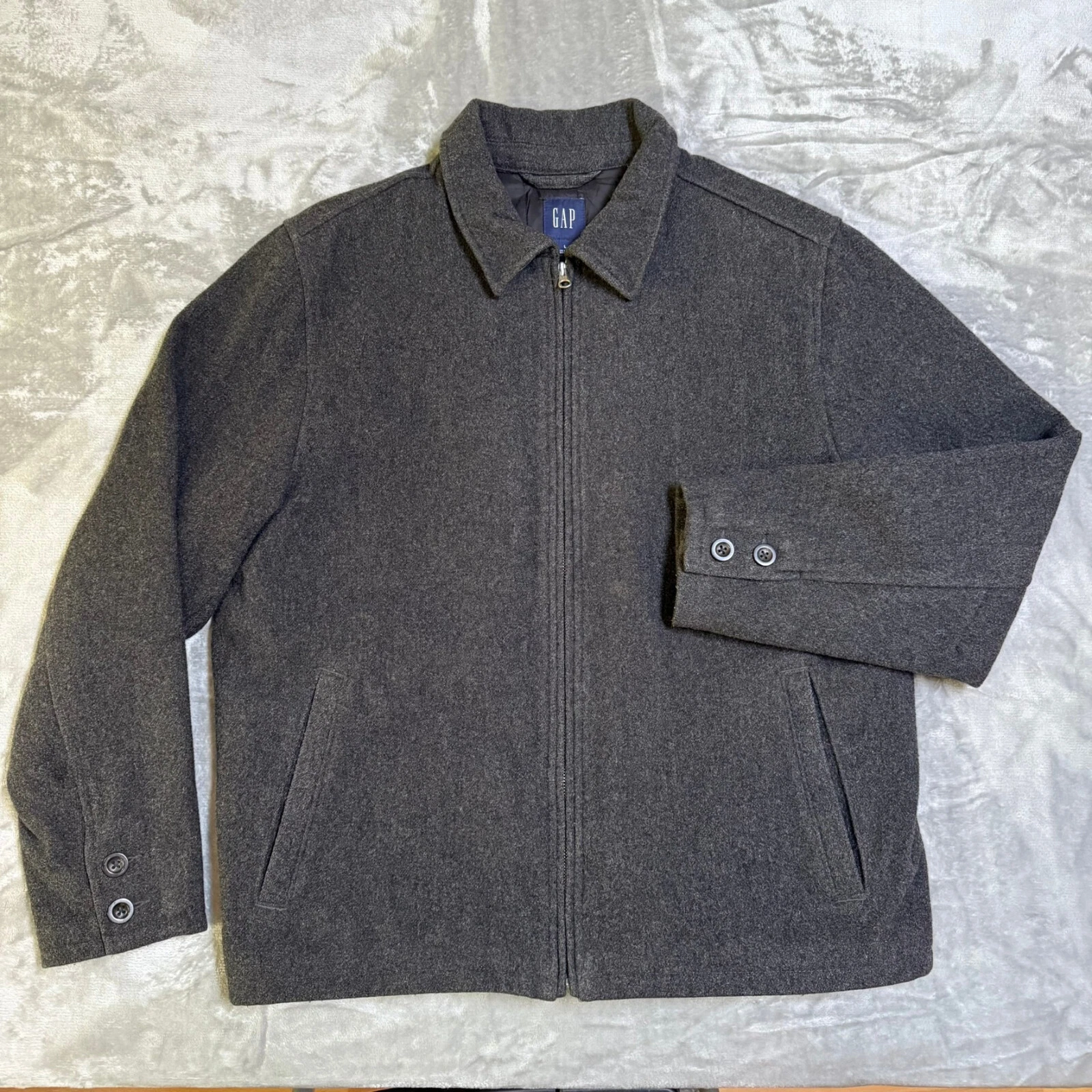 Gap Full Zip Wool Coat Mens Large Gray Lined Jacket Pockets Collar Y2K Insulated