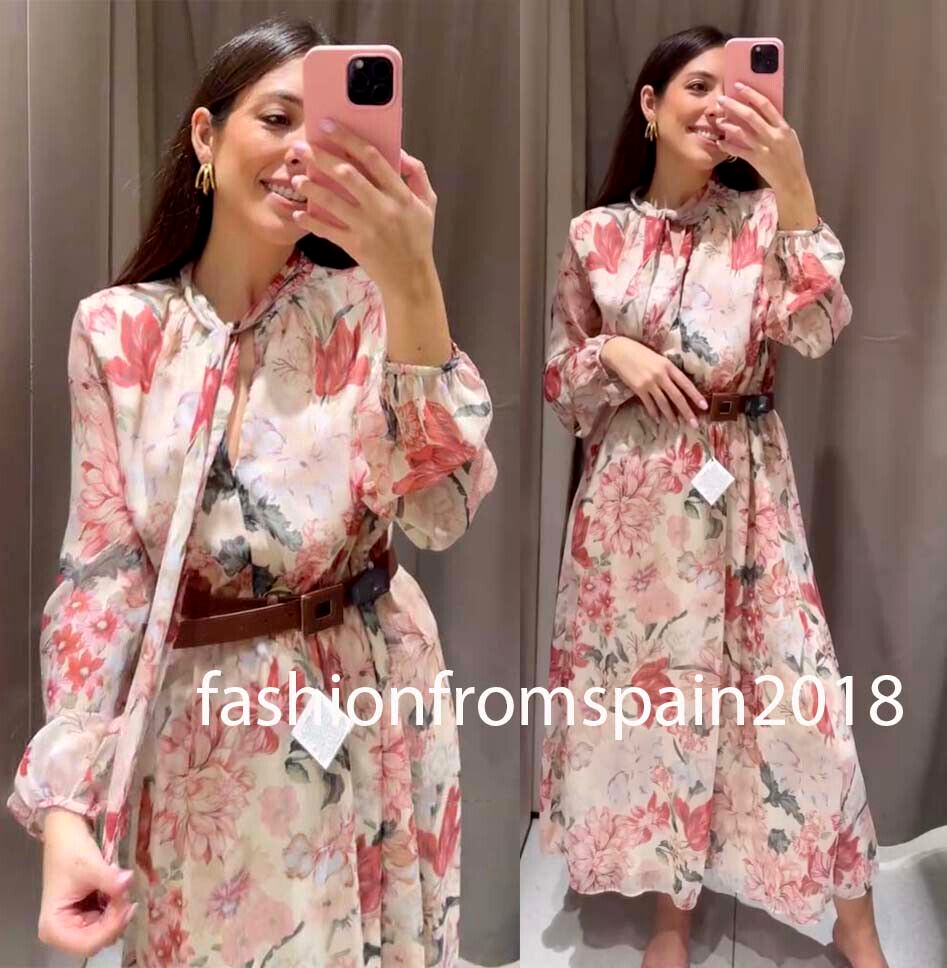 当世袖 ZARA BLUE PRINT MIDI 100% COTTON SHIRT DRESS W/BELT+ SIDE