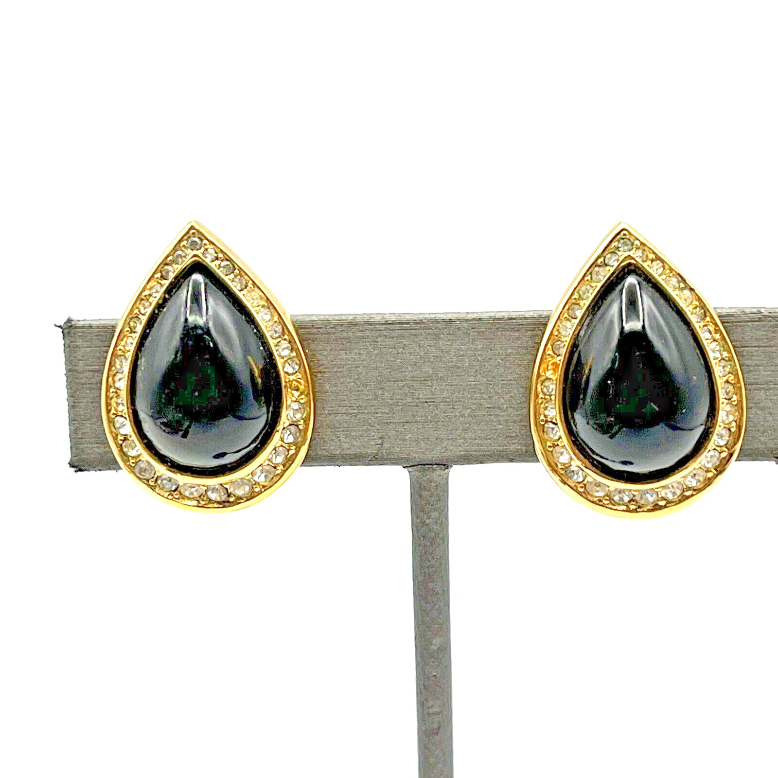 Boucles d'oreilles clips cabochon noir cristal pavé CHRISTIAN DIOR vintage ton or