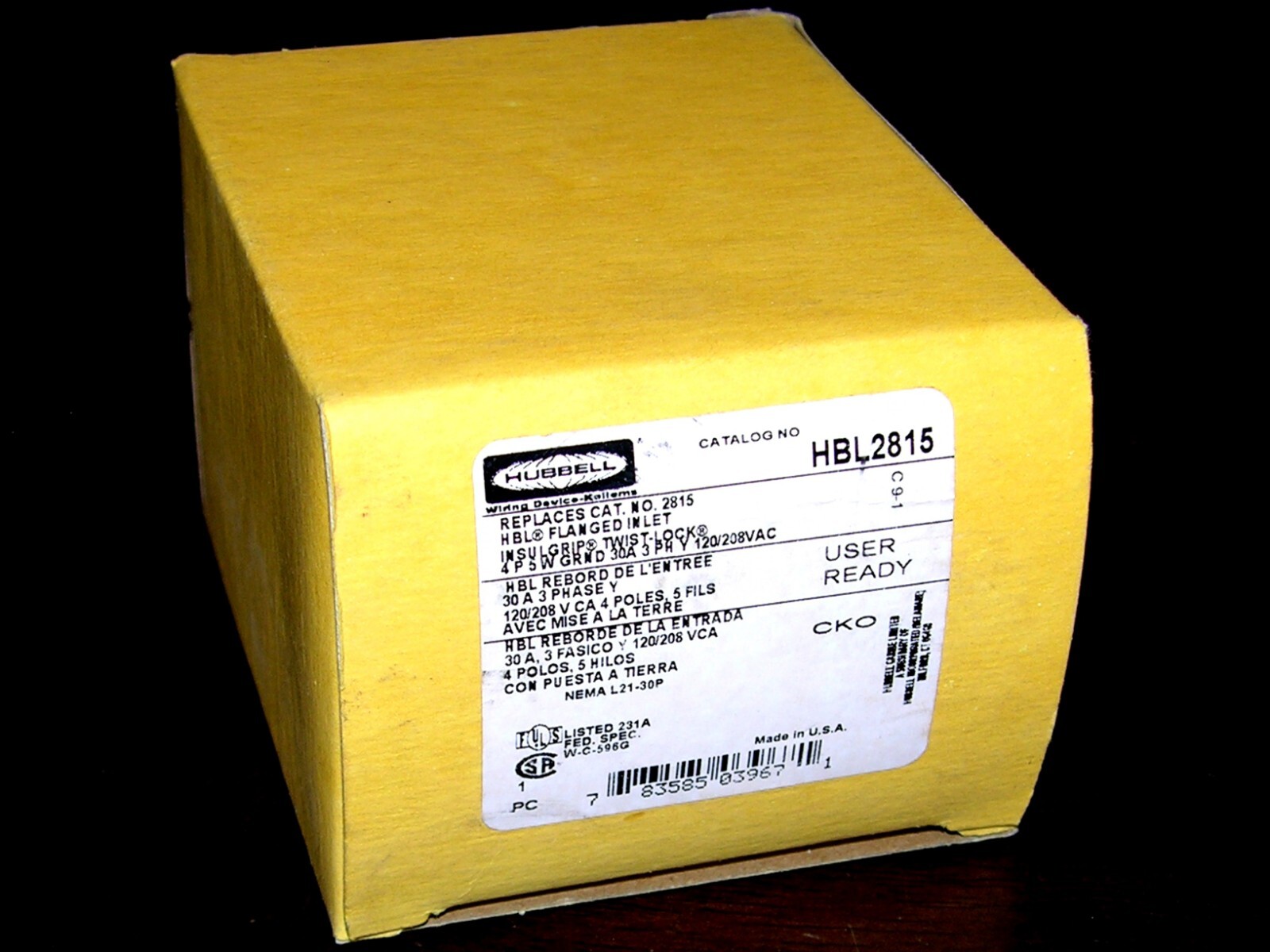 Hubbell HBL2515 Flanged Inlet - 20 Amp, 120/208V, 3-Phase, L21-20P (Used)
