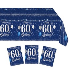 3 Pack Happy 60th Birthday Tablecloth Silver and Blue Birthday Decorations Ch...