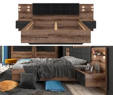 Super King Bed Frame Headboard LEDs USBs Bedsides Luxury Black Oak Effect Kassel