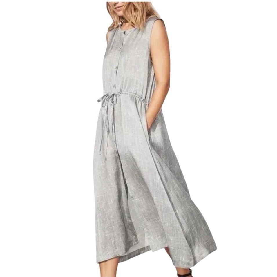 Eileen Fisher Midi Dress Large Grey Drawstring Button Front Silk Organic Cotton