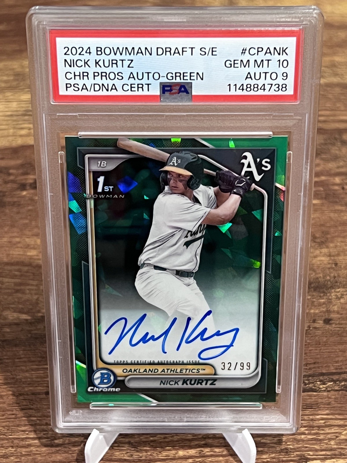 NICK KURTZ 2024 BOWMAN CHROME DRAFT 1ST SAPPHIRE GREEN AUTO /99 PSA 10