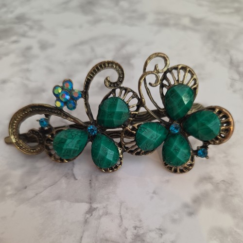 Beaded Bejeweled Rhinestone Retro Green/Blue Burnished Gold 4" no slip Hair Clip - Picture 2 of 14