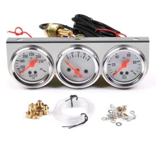 2"52mm Oil Pressure Amp Meter Water Temp Triple Gauge 3 in 1 Set Chrome Gauges