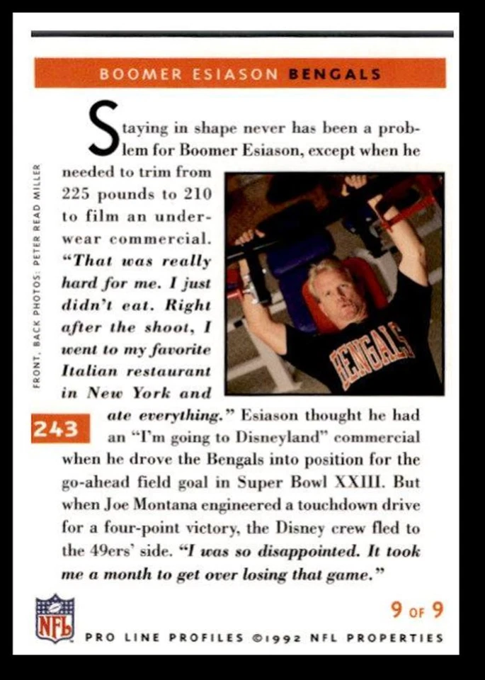 1992 Pro Line Profiles Boomer Esiason , Cincinnati Bengals #243 - Image 2 of 2