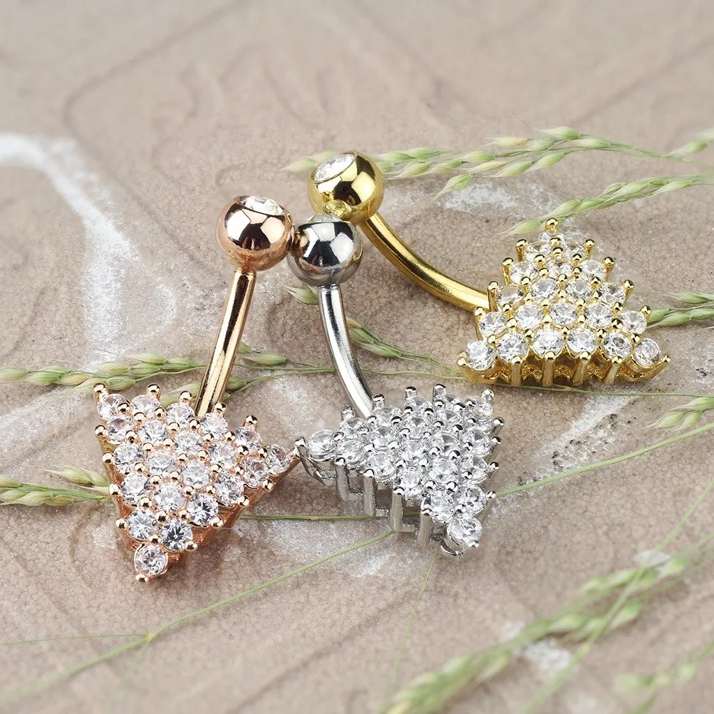 CZ PAVED TRIANGLE BELLY BUTTON RING NAVEL PIERCING BODY JEWELRY 14G 3 8