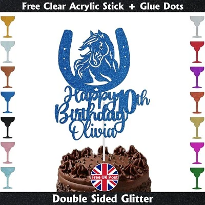 CRAFTMONK Personalised Horse/Horseshoe Birthday Glitter Cake Topper Any Name Any Age