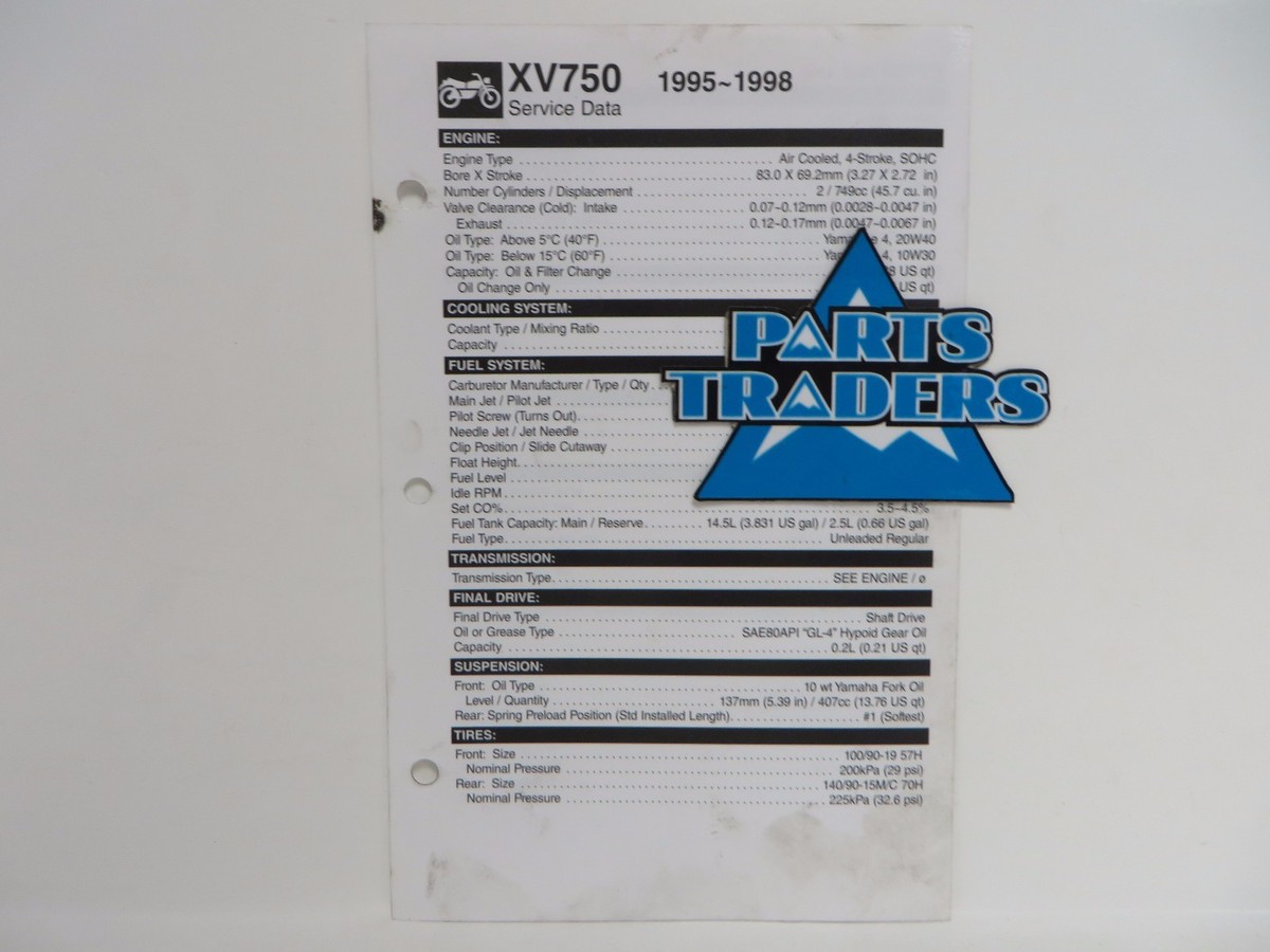 Yamaha Quick Reference Service Manual Spec Data Sheet XV750 Virago 